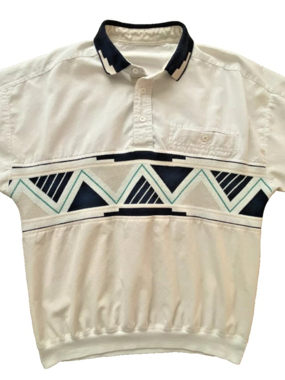 Vintage 80s Old Money Triangle Knit Pullover Off White Navy Polo Shirt